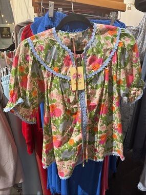 Floral Puff-Sleeve Blouse with Blue Trim - Women Tops